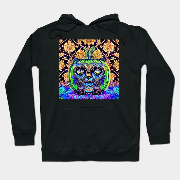 Psychedelic Abstract Black Cat Jack O Lantern Hoodie by Black Cat Alley